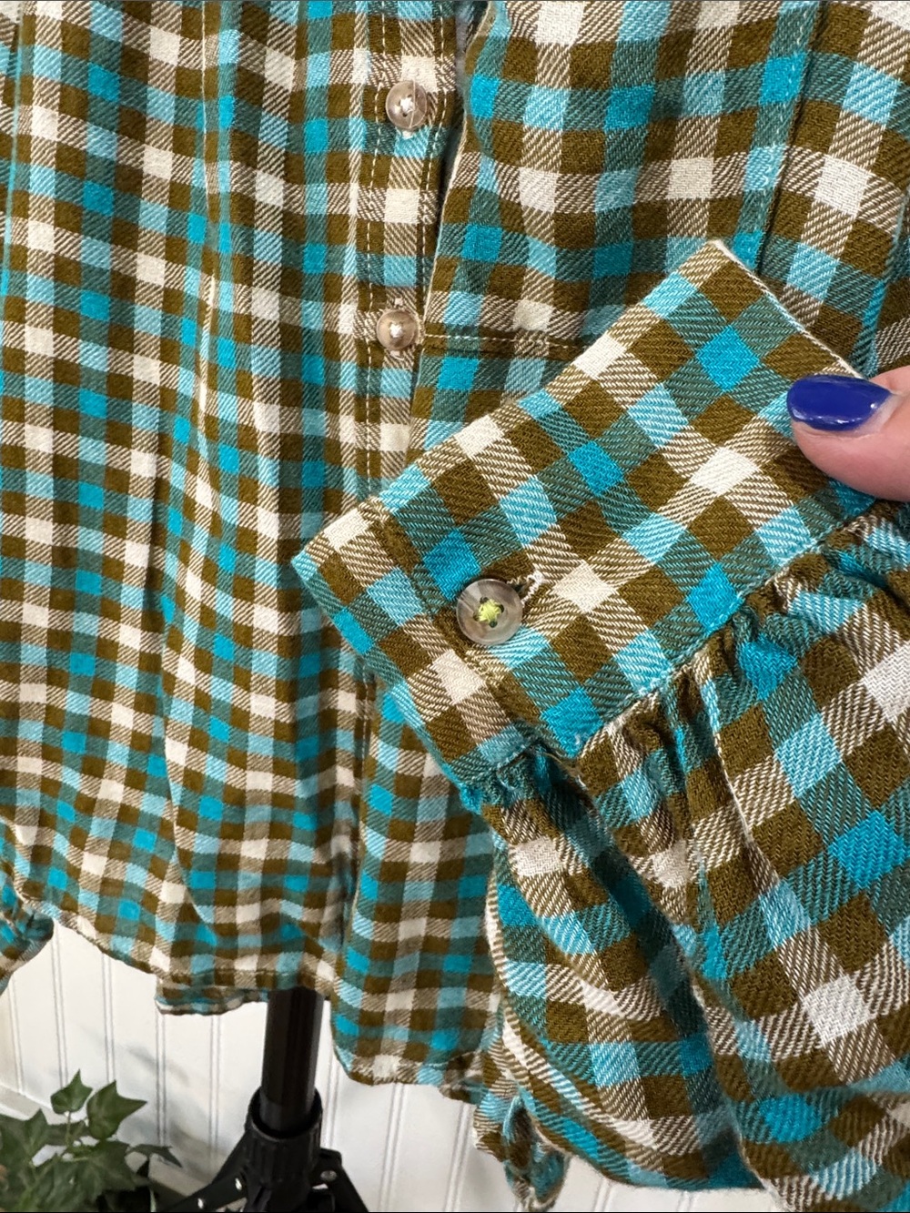 #639 Anthropologie PILCRO Breezy Teal & Olive Checked Button-Down Shirt - Picture 6 of 12